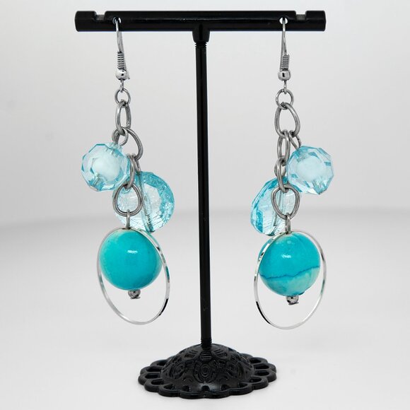 VTG Turquoise Color Blue Bead & Silver Tone Multi-Layered Dangle Earrings Boho - Picture 1 of 5